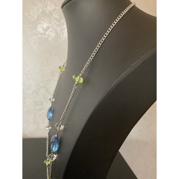 Long Silver Chain Necklace With Blue & Green Beads And Tassel Pendant 26" - Picture 3 of 4